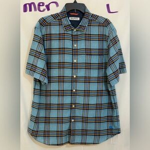 Tommy Bahama Men's Blue and Gold Checkered Shirt/ small white spots